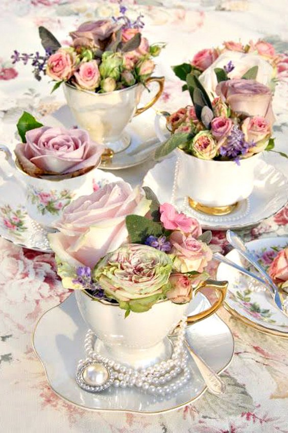 vintage teapot and teacup wedding centerpiece