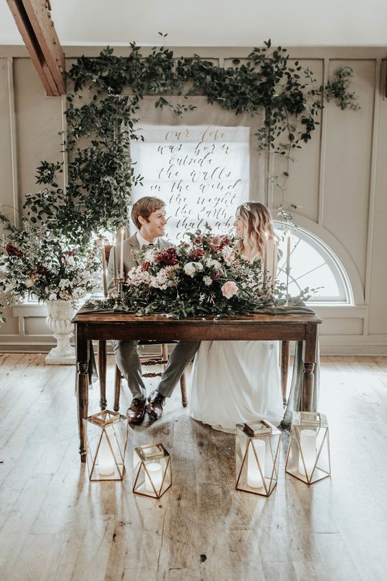 ndustrial + bohemian calligraphy wedding ceremony backdrop idea