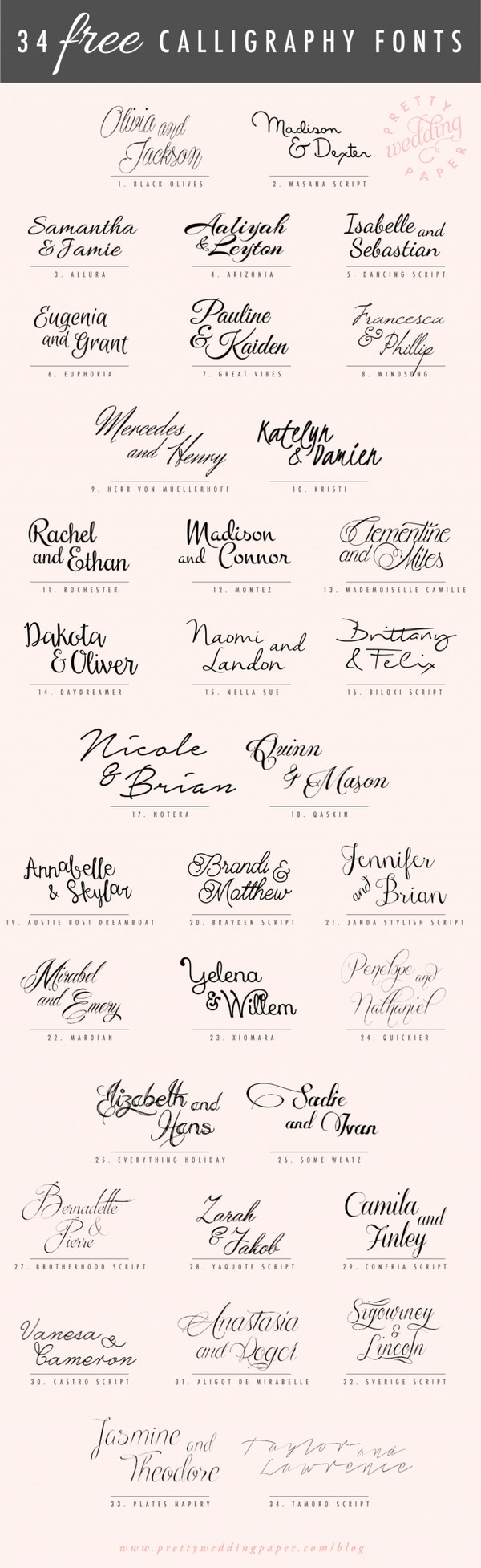 FREE calligraphic script fonts for hand-lettered, flowing wedding stationery