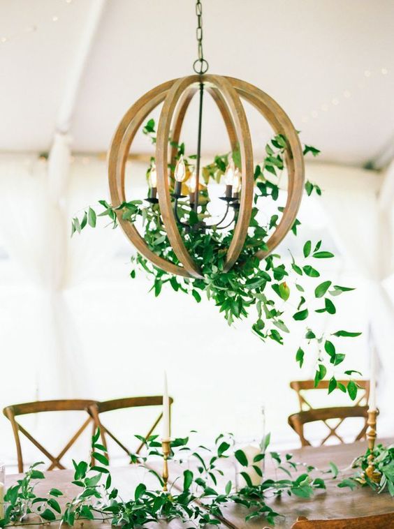 Hanging greenery orb wedding chandelier