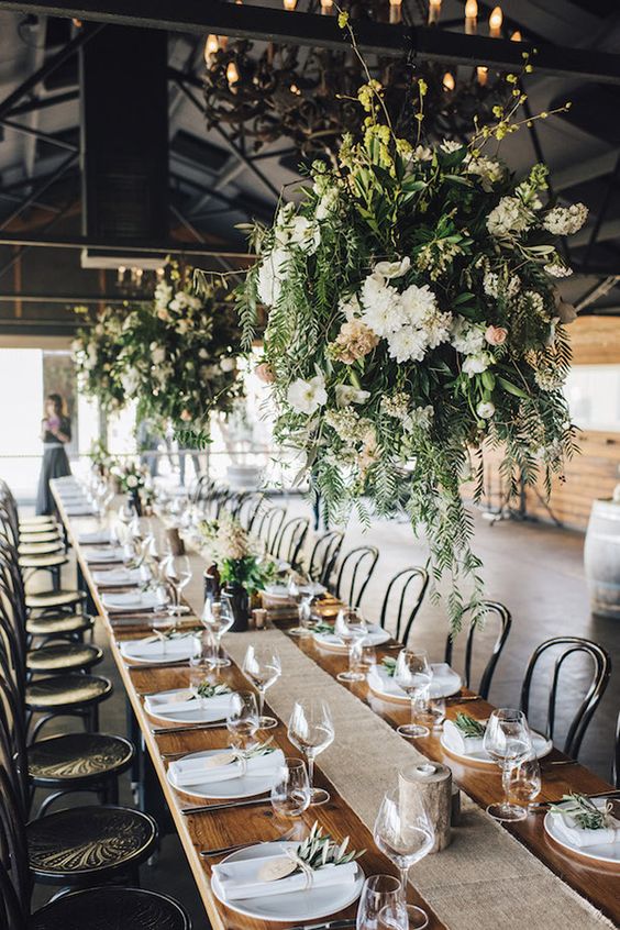 Rustic Chic Wedding Reception with Greenery Chandeliers