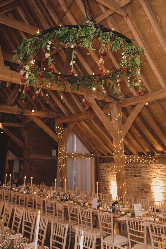 country barn greenery wedding chandelier