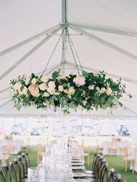 greenery and white flowers wedding chandelier decor