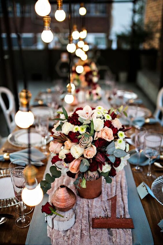 industrial burgundy wedding centerpiece