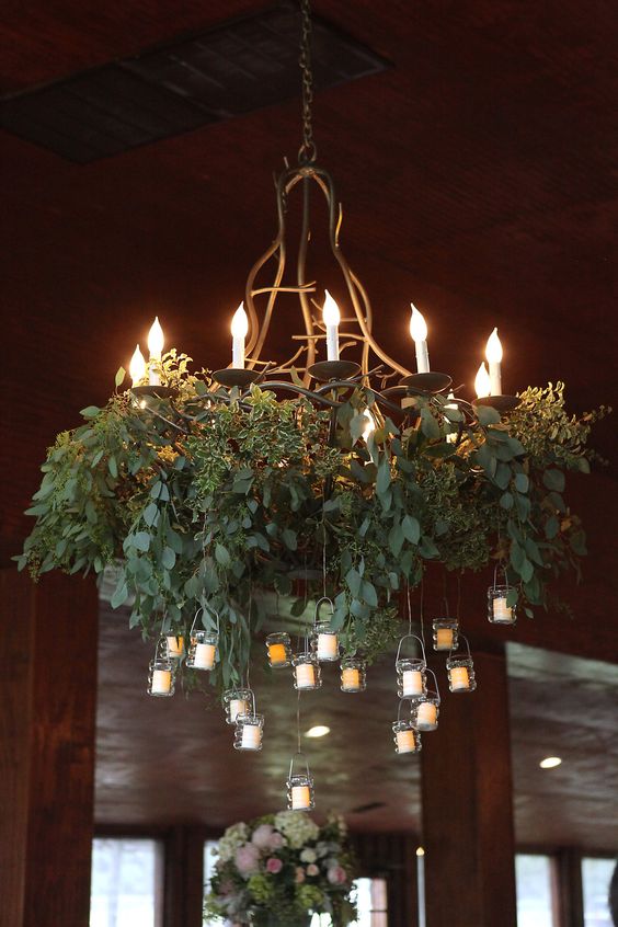 rustic country greenery and candles wedding chandelier