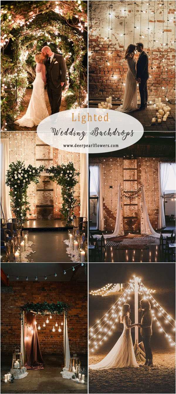 rustic country lighted wedding arch and backdrop ideas