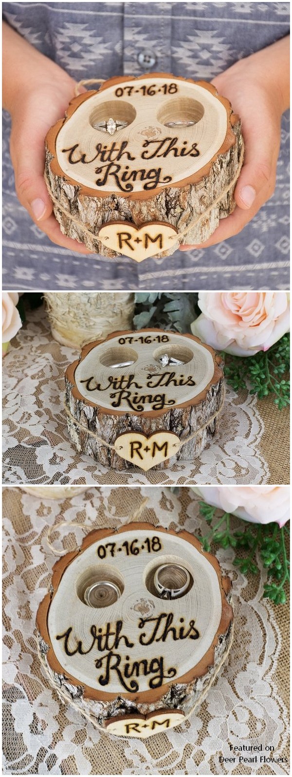 With This Ring Personalized Rustic Tree Stump Ring Bearer Pillow Box 