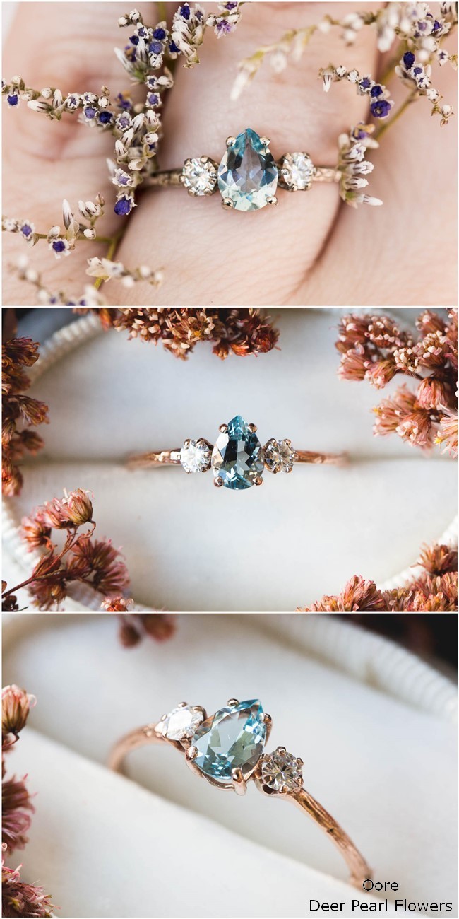 Aquamarine pear moissanite and 14k gold twig engagement ring