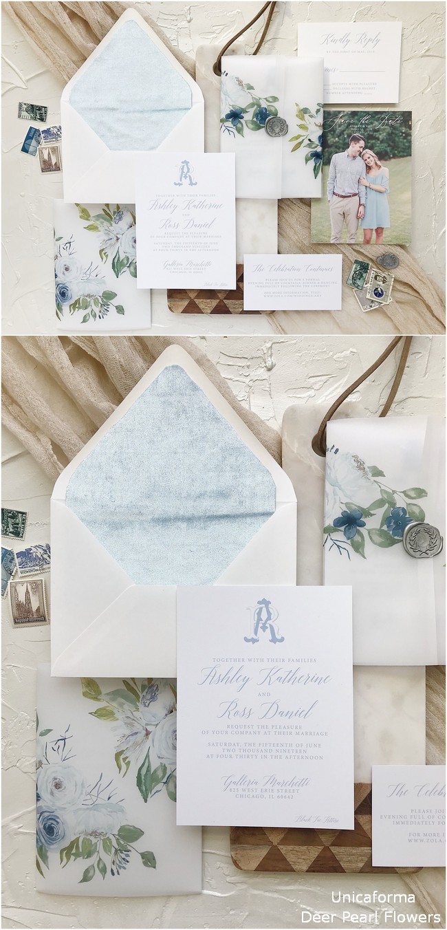 Dusty Blue Wedding Invitations With Velvet Liners and Vellum Wrap