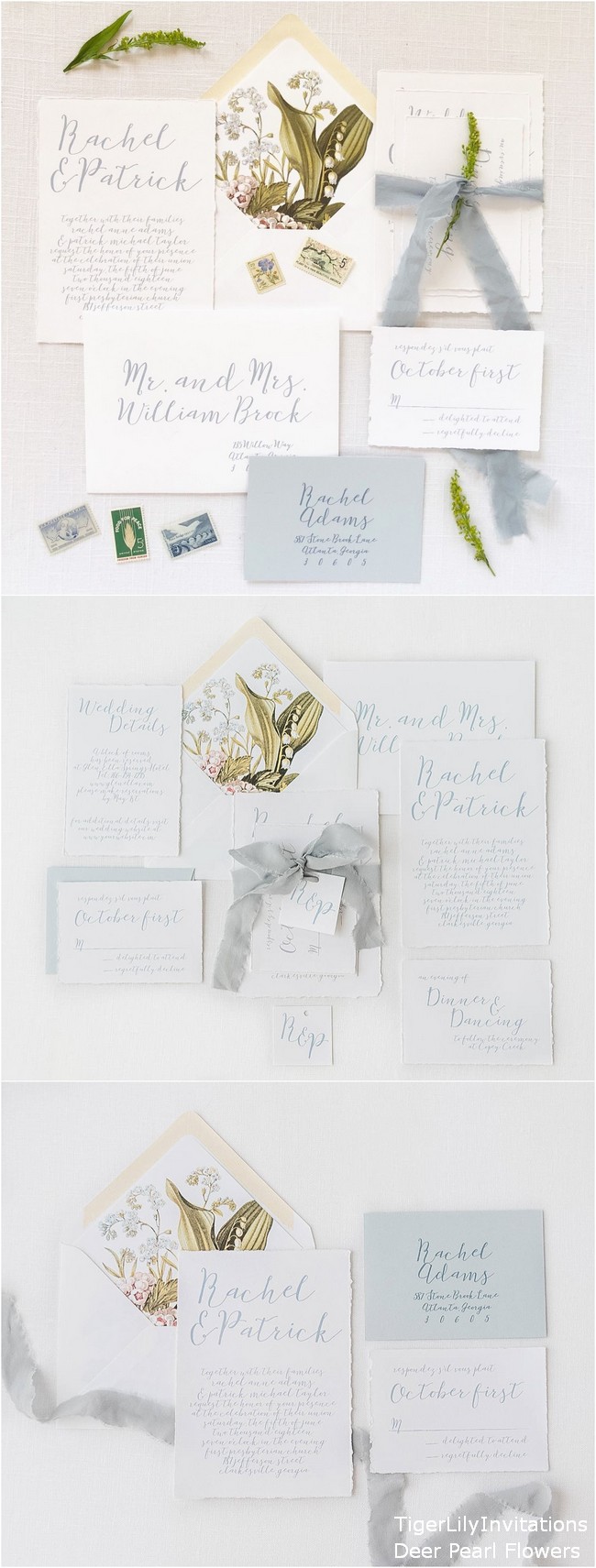 Dusty Blue Wedding Invitations printed on Cotton Cardstock with Hand Torn Edge and Botanical Envelope Liners
