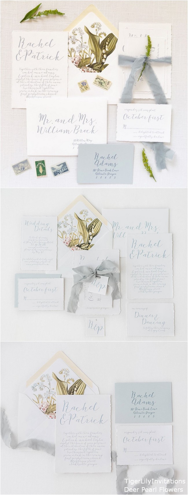 20 Etsy Wedding Invitations for 2023 Couples Must See 8 Dusty Blue Wedding Invitations printed on Cotton Cardstock with Hand Torn Edge and Botanical Envelope Liners