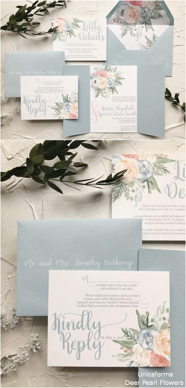 Dusty Blue and Peach Floral Wedding Invitations
