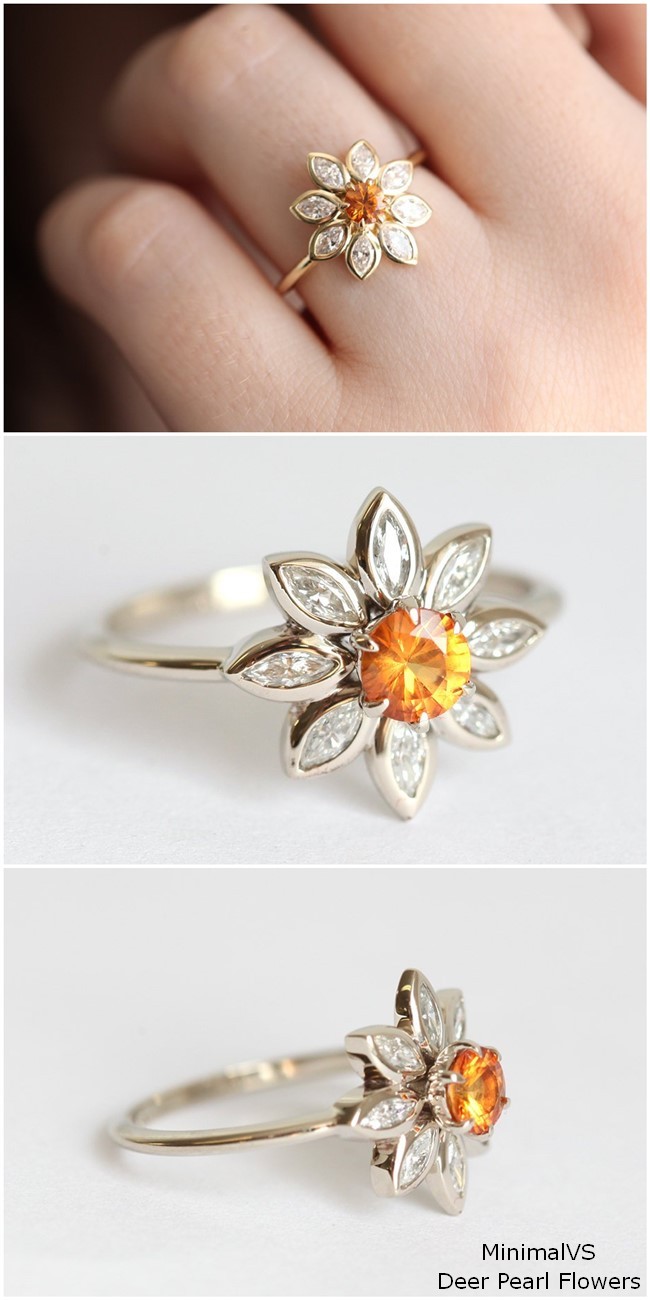 Floral Daisy Ring with orange sapphire and marquise diamonds