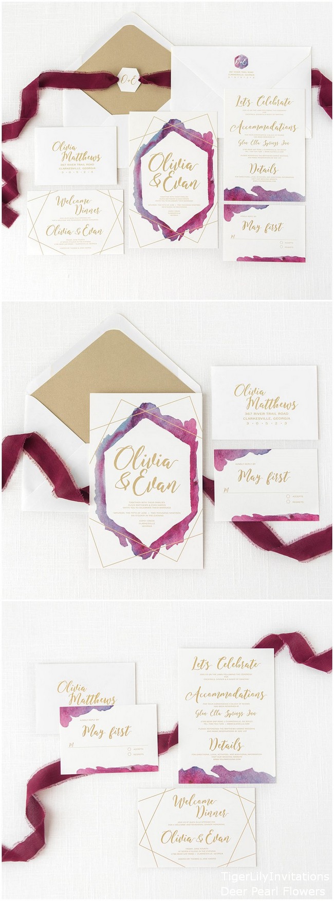 Geometric Watercolor Wedding Invitation with Gold Envelope Liners