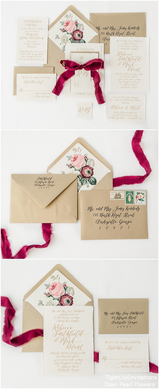 Gold Script Wedding Invitations printed on Cotton Cardstock with Hand Torn Edge and Burgundy and Blush Floral Envelope Liners