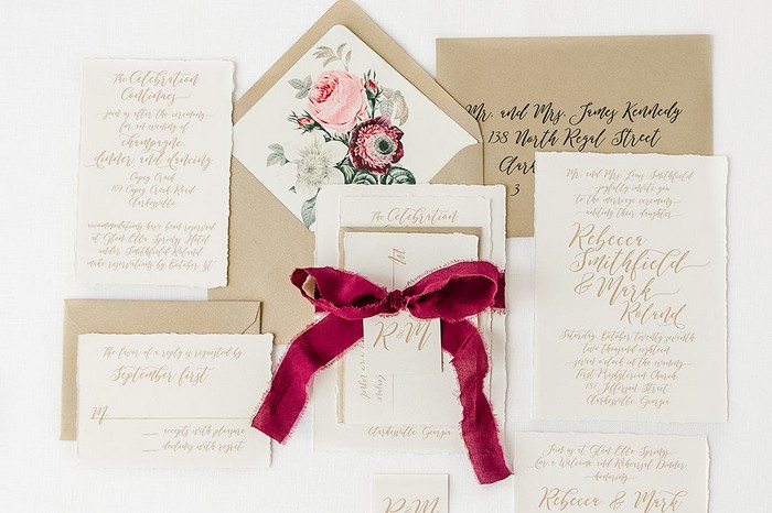Gold Script Wedding Invitations printed on Cotton Cardstock with Hand Torn Edge and Burgundy and Blush Floral Envelope Liners