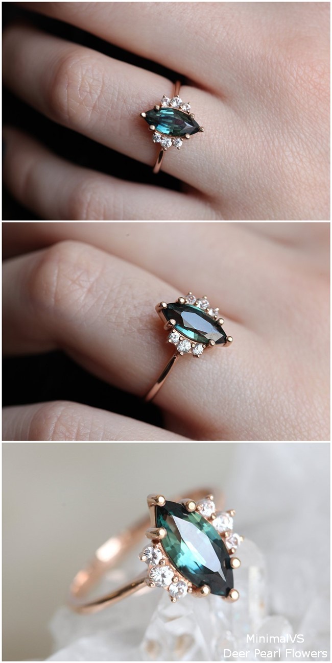 Green Blue Sapphire Engagement Ring with diamonds in 18k rose gold