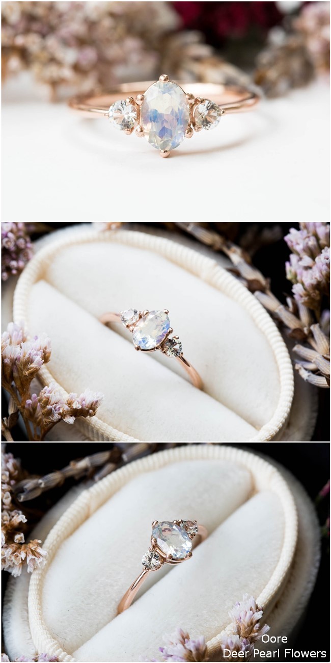 Moonstone sapphire three stone 14k gold engagement ring