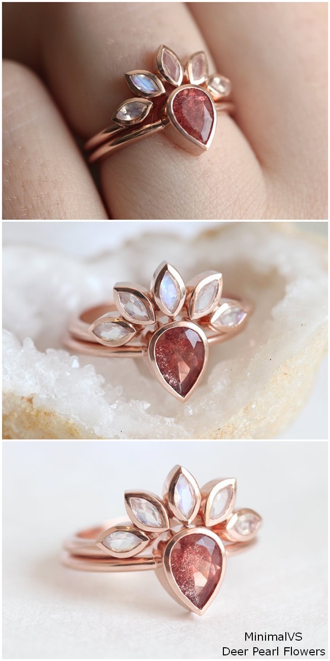 Oregon Sunstone Ring With Matching Rainbow Moonstone Band in 14k Rose Gold