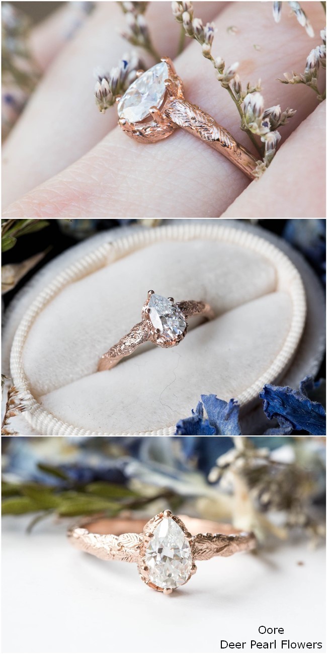 Pear moissanite leaf twig engagement ring, nature engagement ring