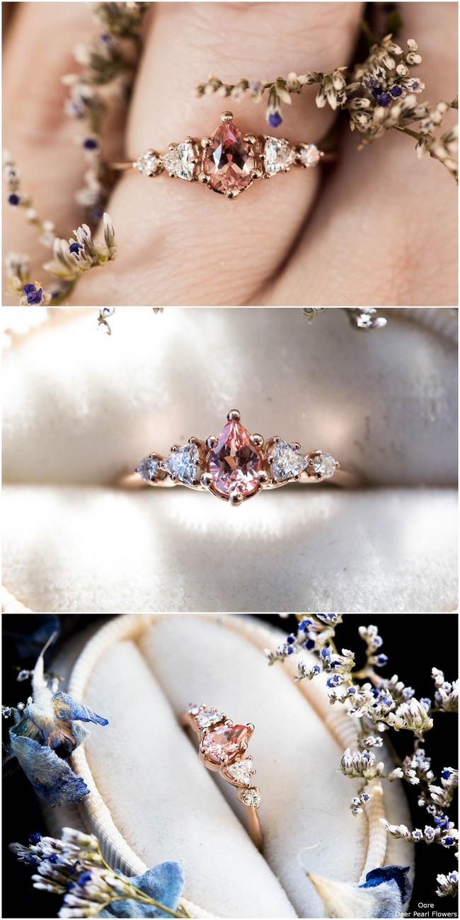 Pear peach sapphire cluster five stone engagement ring