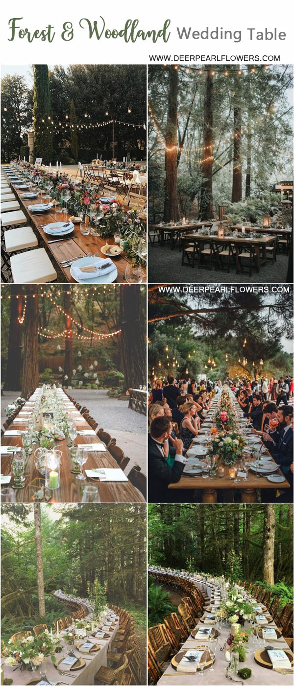 Romantic rustic forest woodland wedding reception table decor ideas