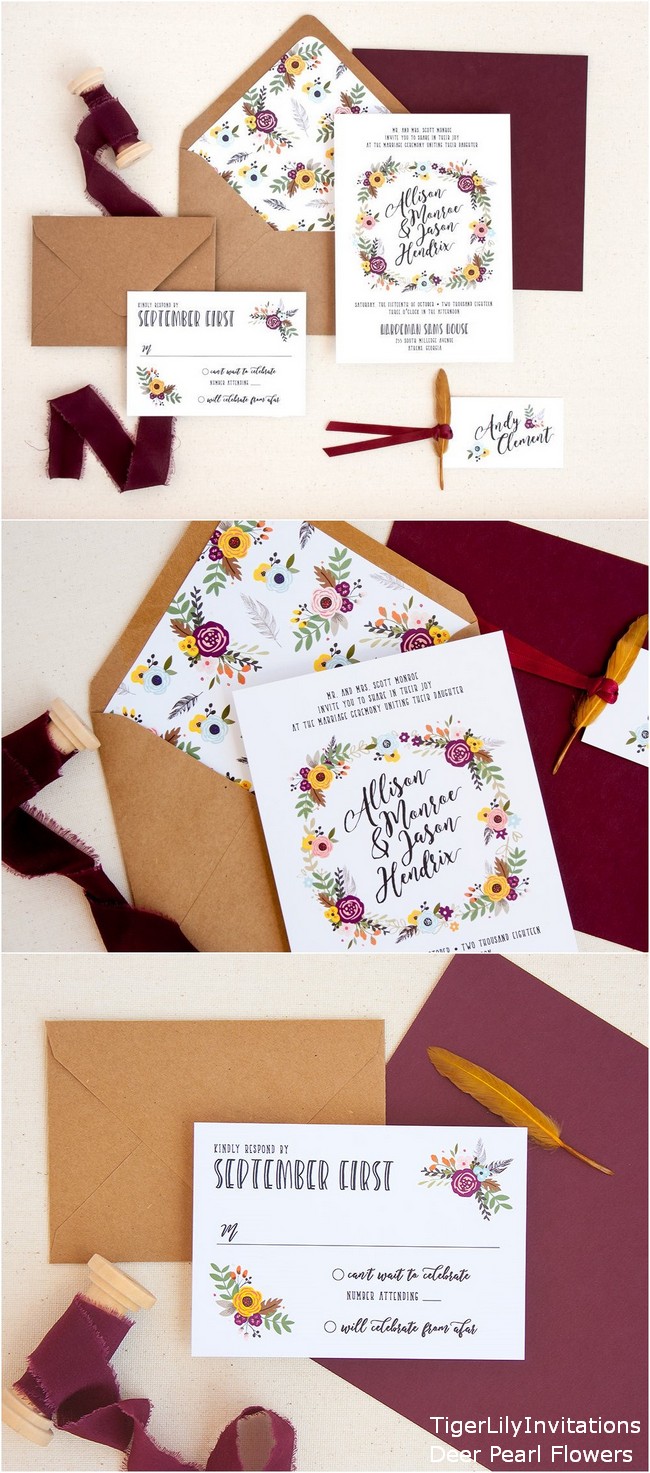 Rustic Wedding Invitations with Flower and Feather Wreath