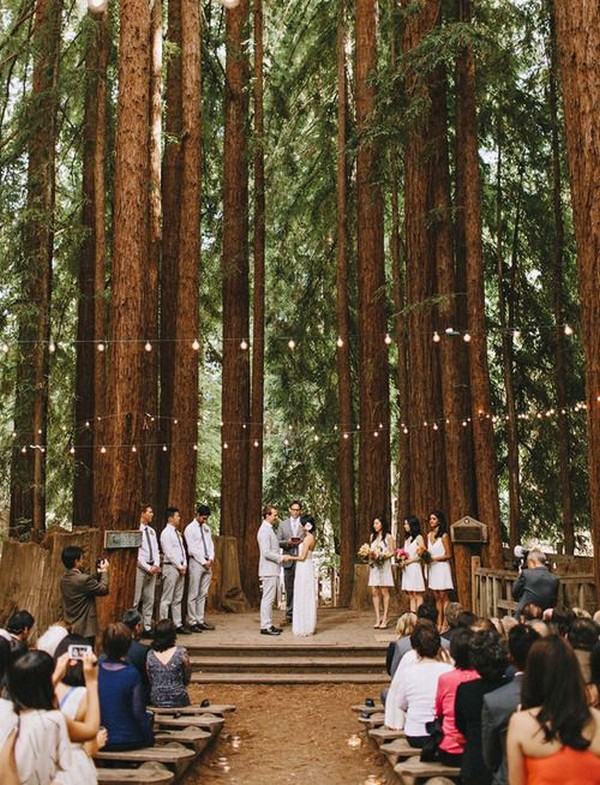 Rustic boho outdoor forest woodland wedding ceremony decor