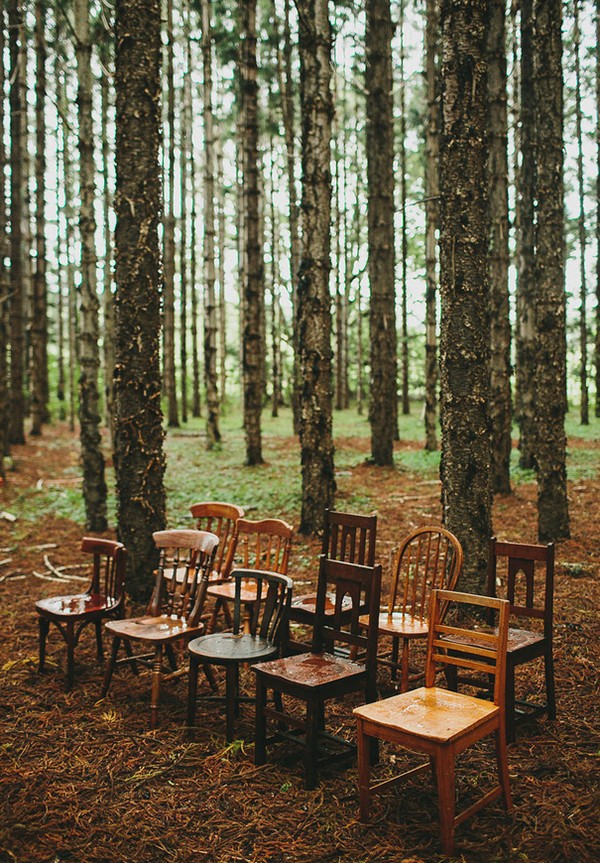 Rustic boho outdoor forest woodland wedding ceremony decor