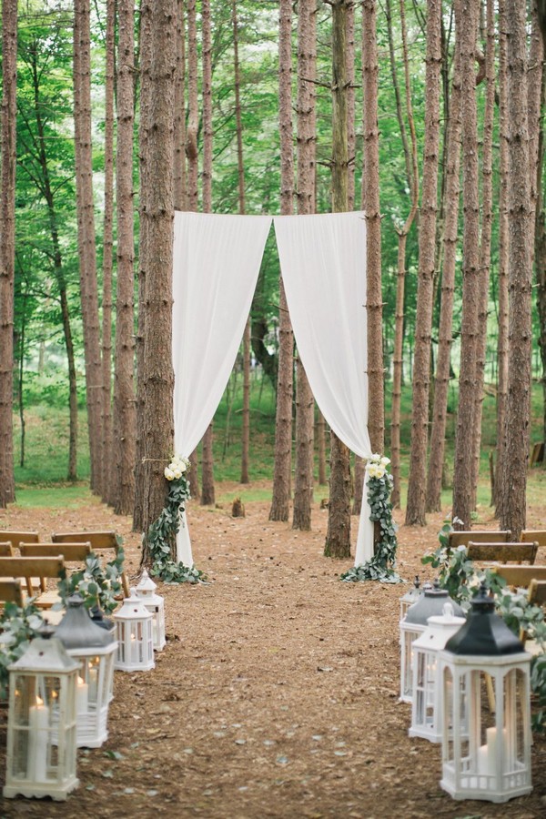 Rustic boho outdoor forest woodland wedding ceremony decor