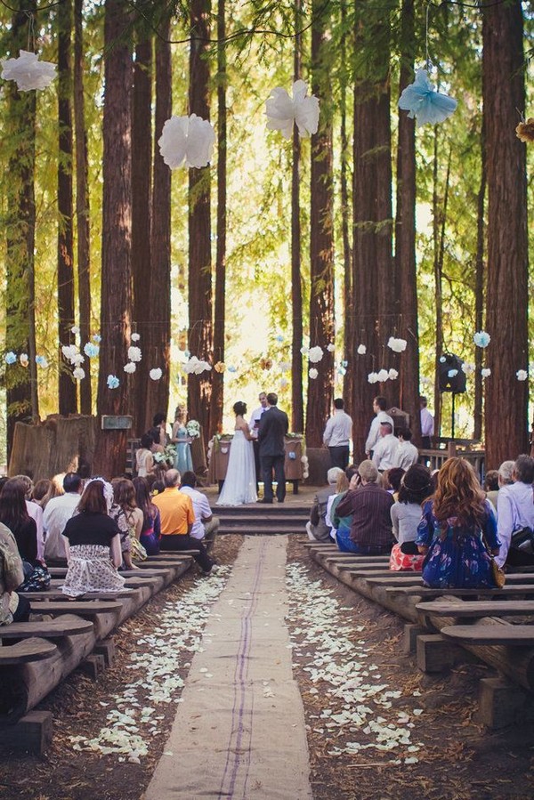 Rustic boho outdoor forest woodland wedding ceremony decor