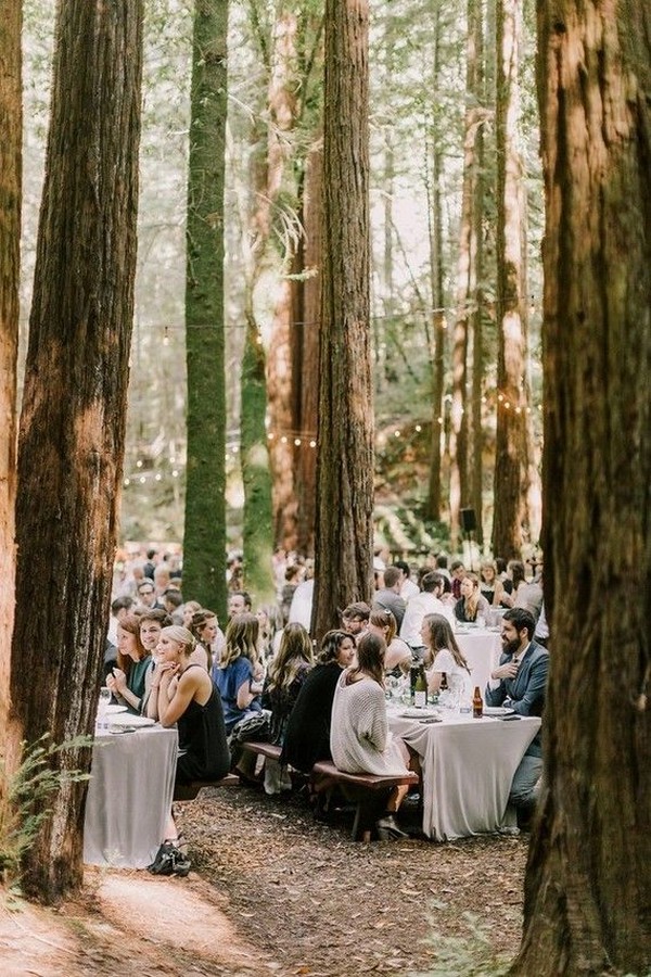 Rustic boho outdoor forest woodland wedding ceremony decor