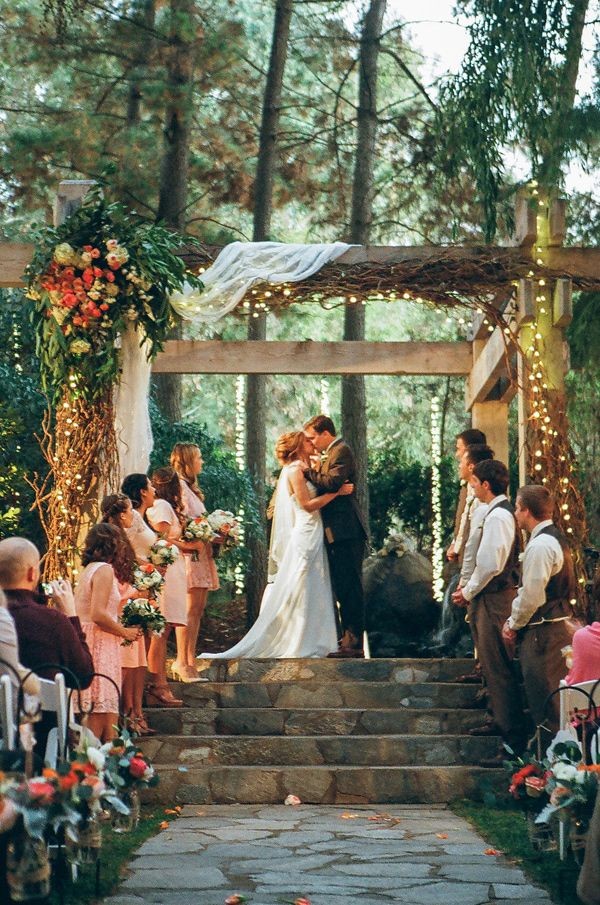 Rustic boho outdoor forest woodland wedding ceremony decor