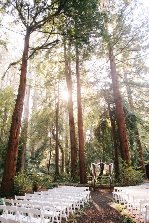 Rustic boho outdoor forest woodland wedding ceremony decor