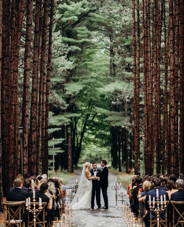 Rustic boho outdoor forest woodland wedding ceremony decor