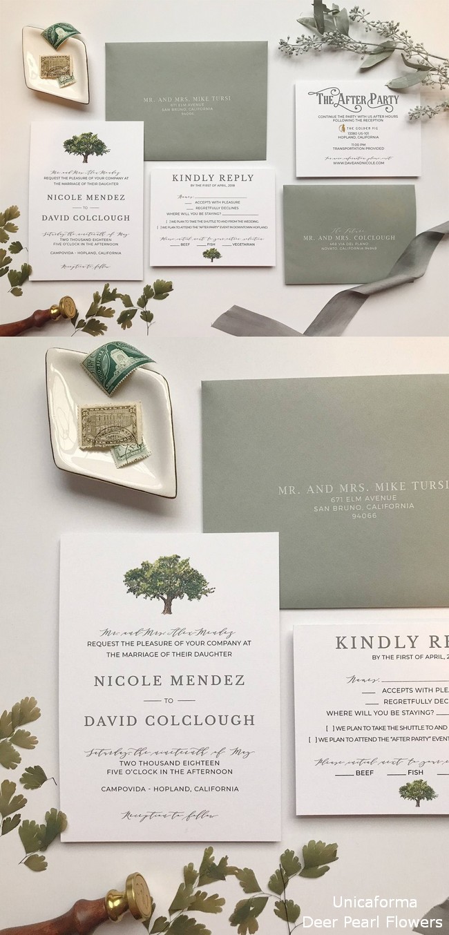 Simple Sage Invitation With An Oak Tree Motif