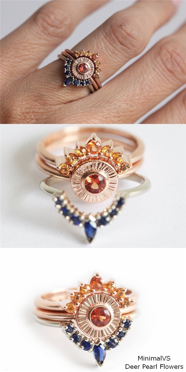 Two Matching Bands and a Solitaire Sunset Engagement Ring Set