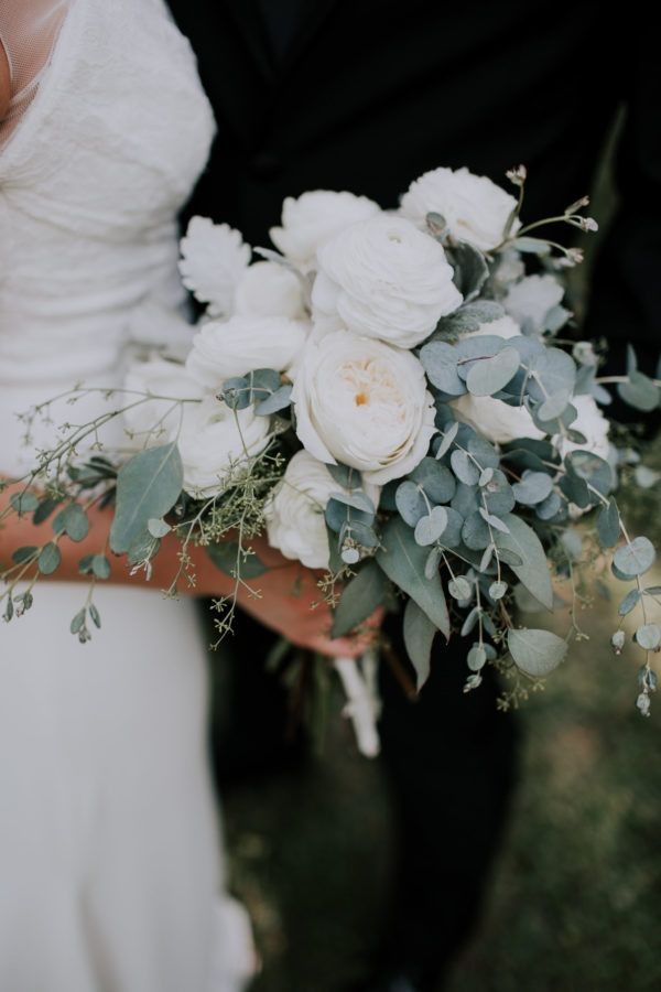 White Garden Roses White Ranunuclus Dusty Miller Eucalyptus Bridal Bouquet