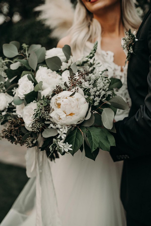 bohemian sage green wedding with a geometric pampas grass backdrop 08