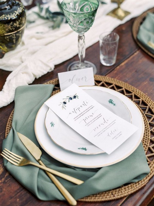 sage green and gold wedding table setting ideas