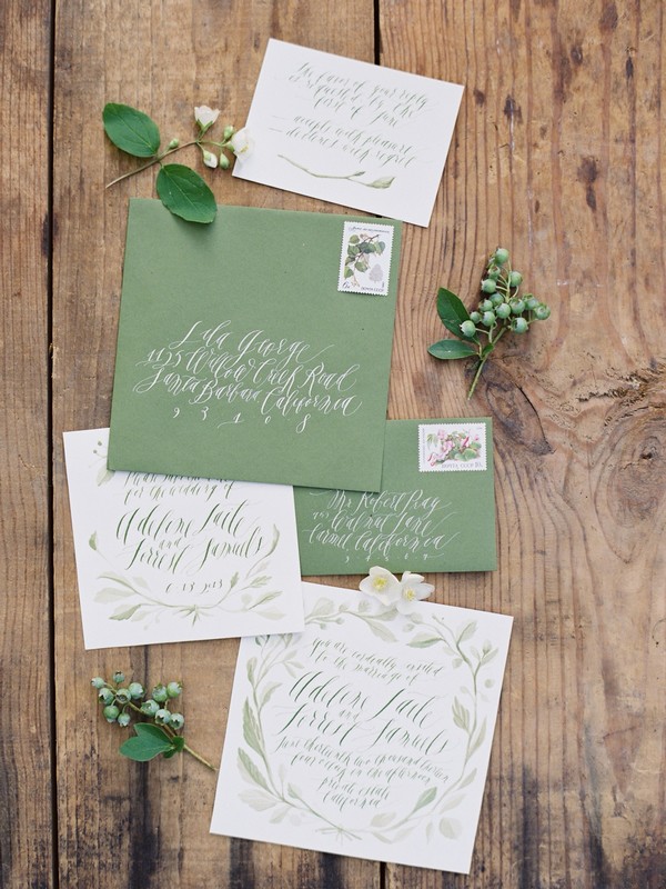 silver sage green wedding invitation