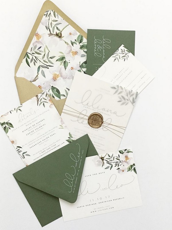 silver sage green wedding invitation
