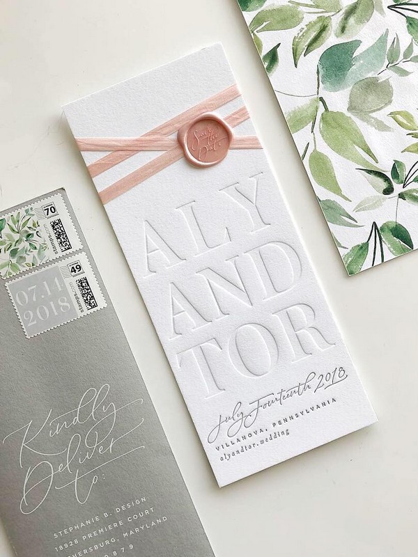 silver sage green wedding invitation