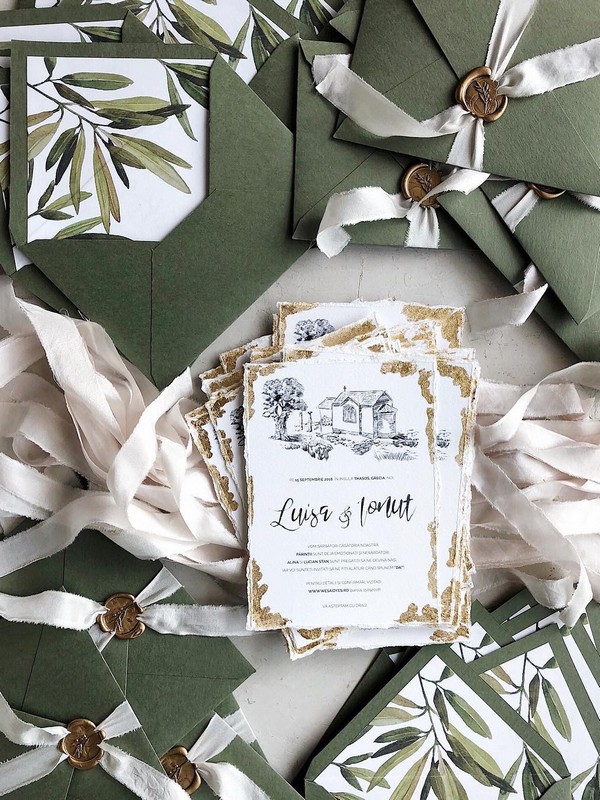 silver sage green wedding invitation