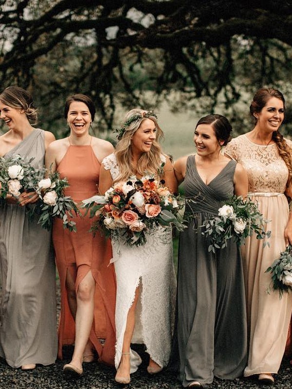 sunset orange and gray mix and match bridesmaid dresses