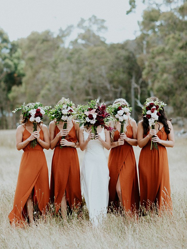 sunset orange fall boho bridesmaid dresses