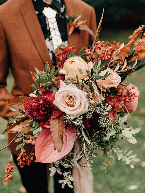 sunset orange red greenery wedding bouquet11