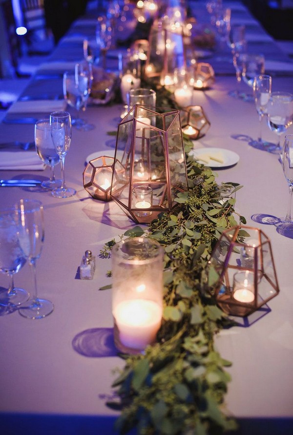 Wedding Reception head table with Anthropologie geometric copper hurricane votive lanterns and Eucalyptus greenery runner centerpieces