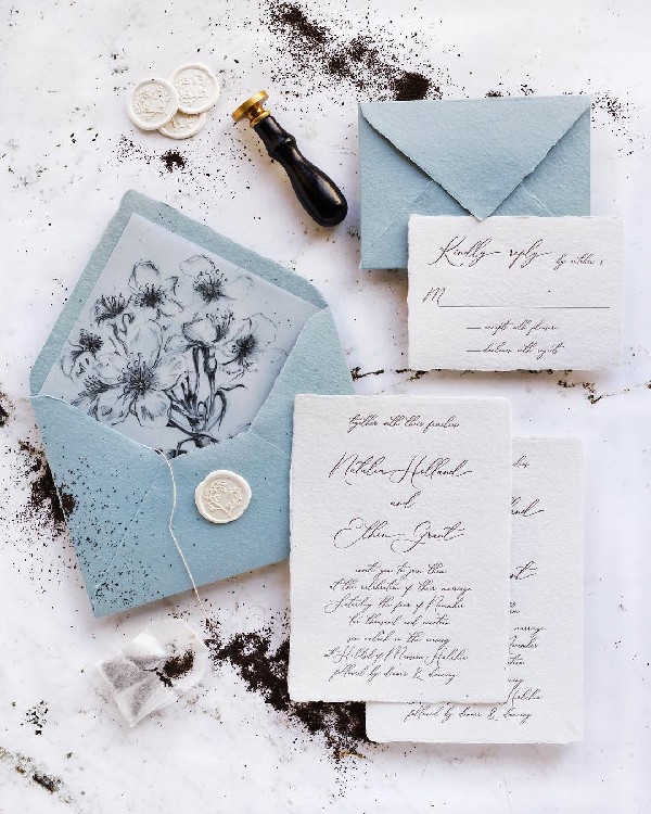 baby blue handmade paper wedding invitation