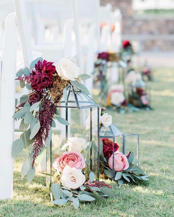 blush and burgundy lantern wedding aisle decor 9